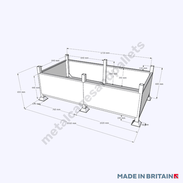 Technical drawing of solid stillage cage double width.